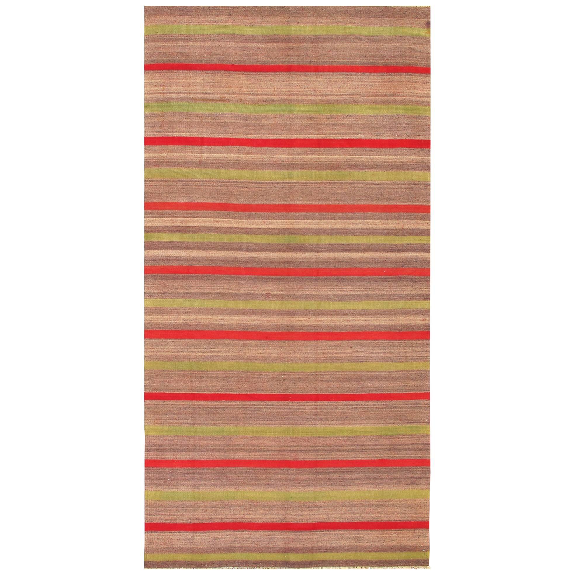Vintage Turkish Kilim Carpet with Light Green and Red Stripes For Sale