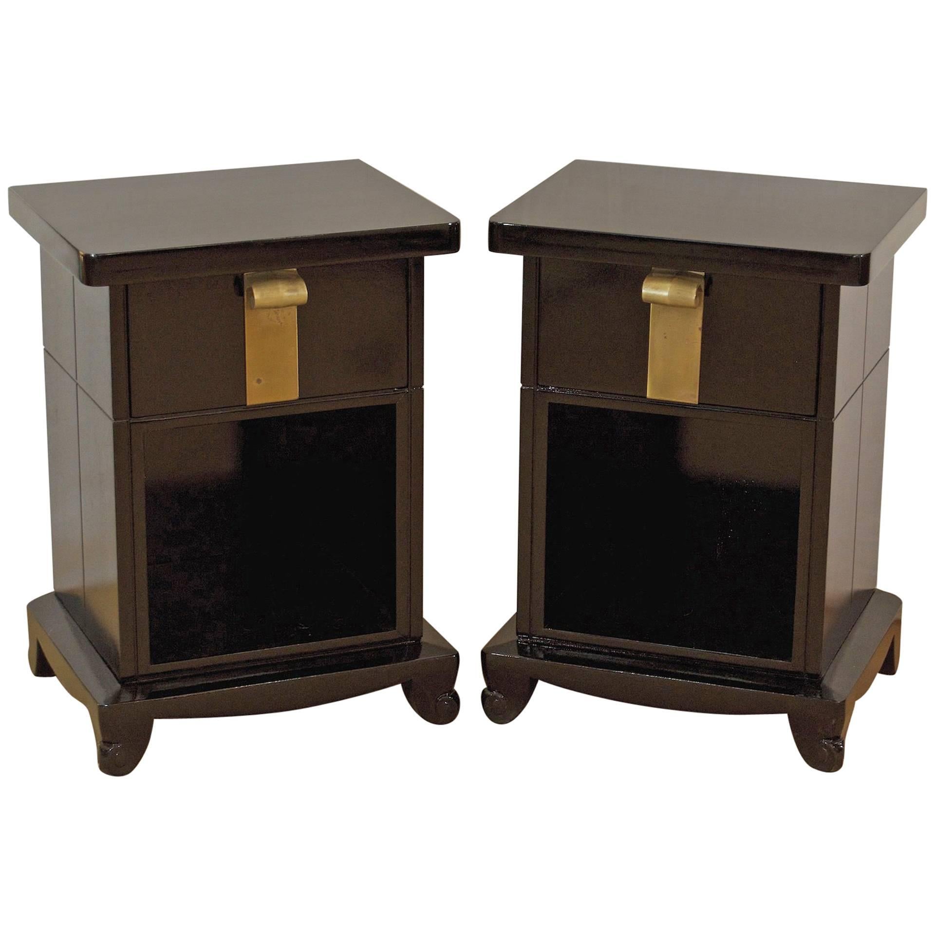 Pair of Early John Stuart Nightstands in Black Lacquer For Sale