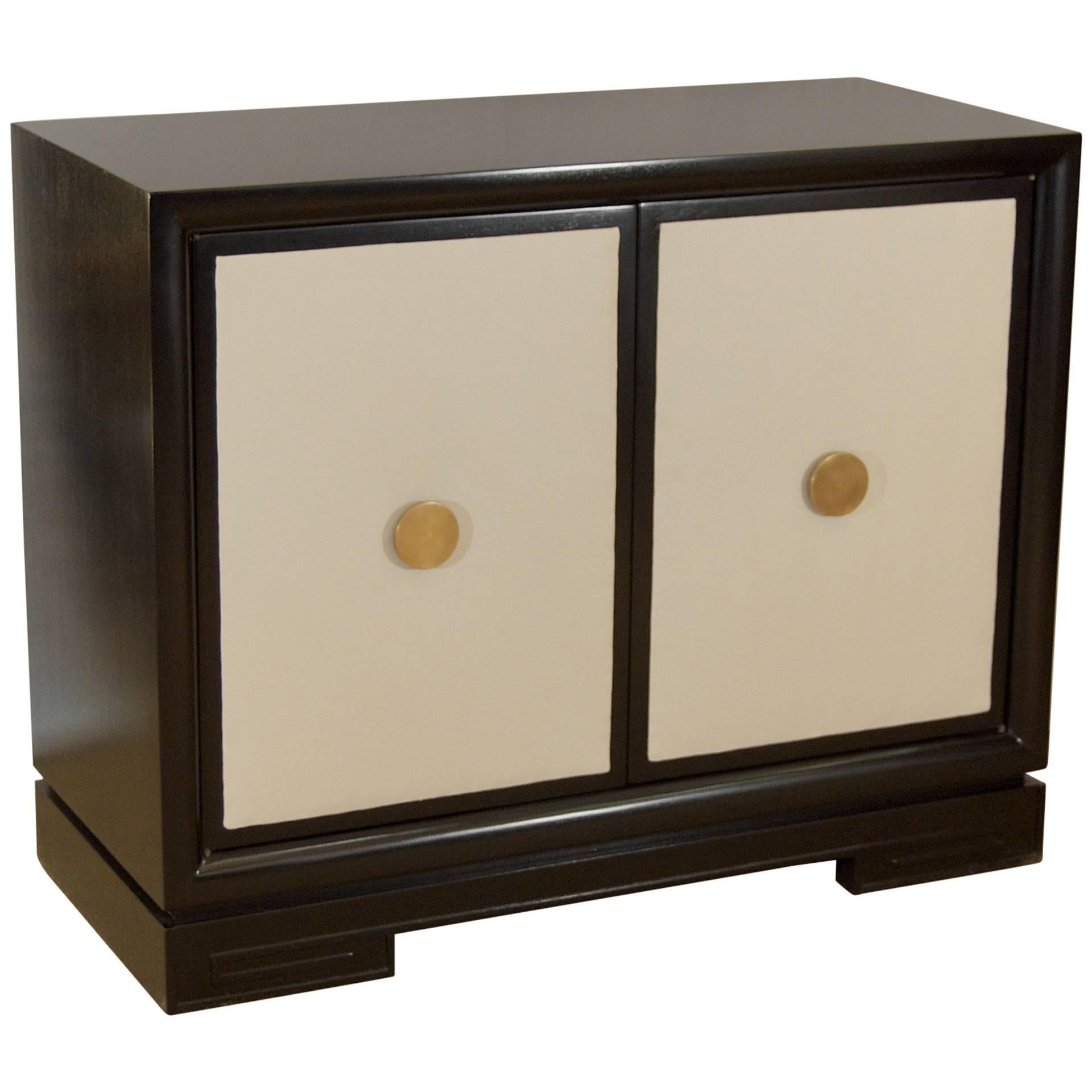 Black Lacquered Chest with Leather Panelled Doors and Brass Pulls