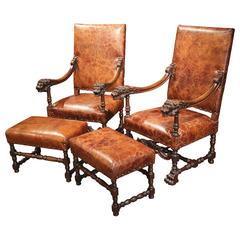 Pair of 19th Century French Louis XIII Walnut Lion Heads Armchairs with Ottomans