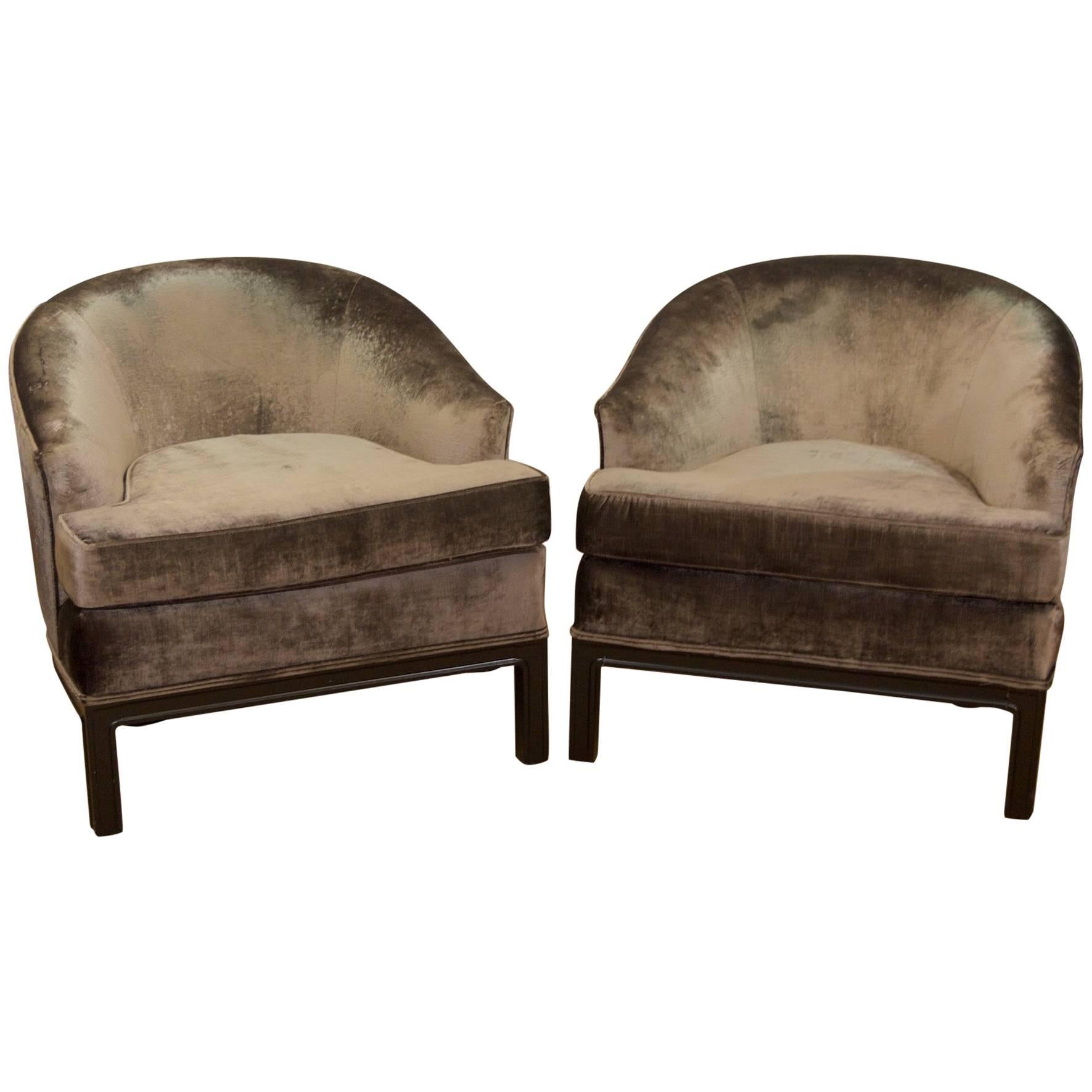 Pair of Velvet Upholstered Mid-Century Modern Club Chairs