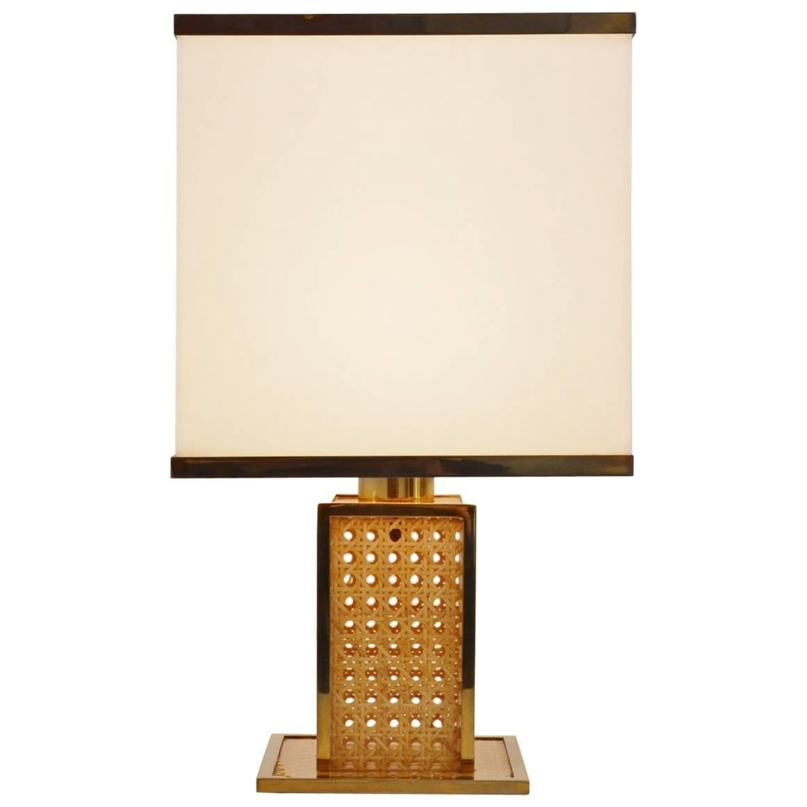 Italian Regency Brass, Lucite and Cane Table Lamp with Acrylic Lampshade, 1960s