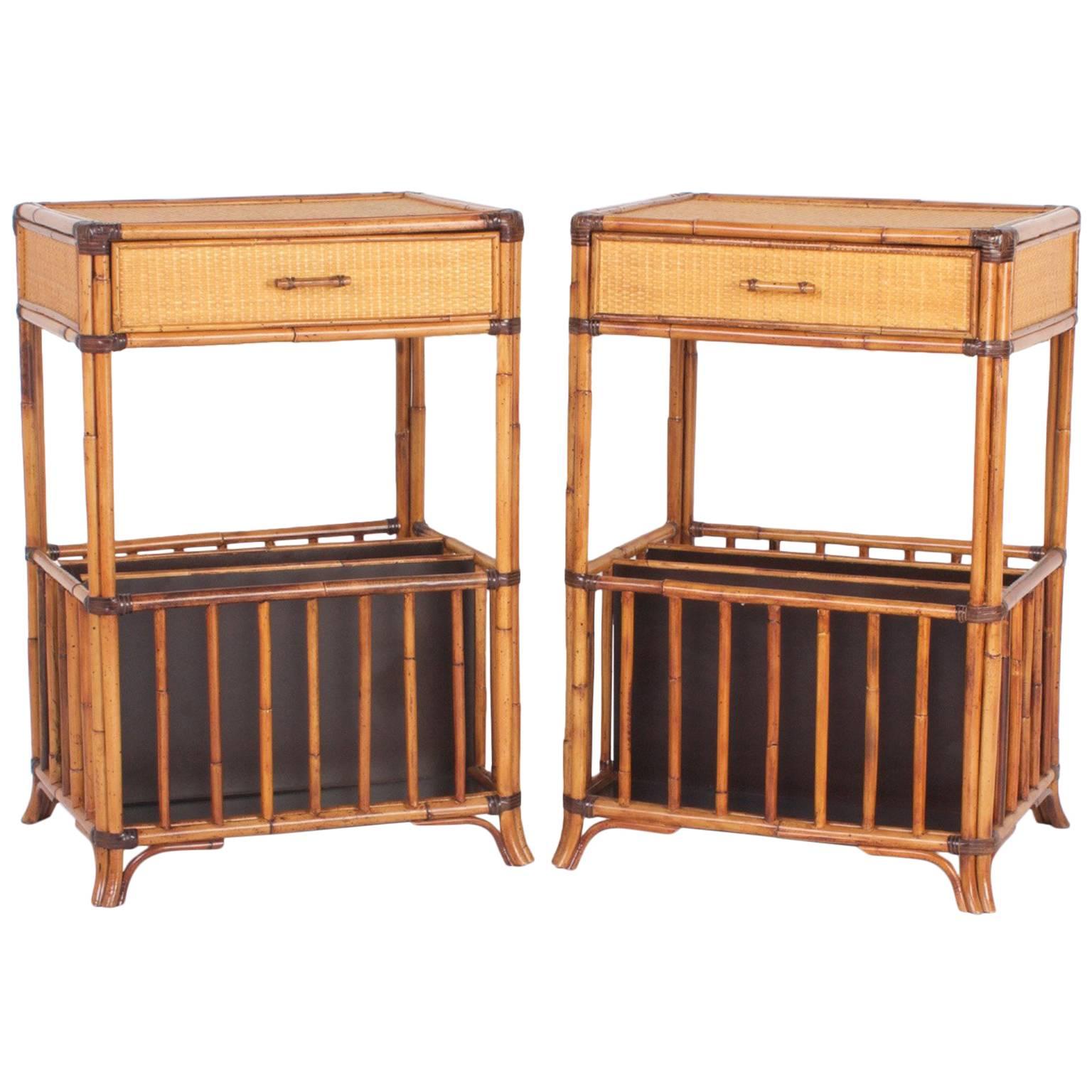 Pair of Mid-Century Grasscloth and Bamboo Nightstands