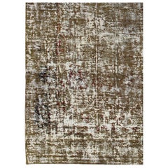 Distressed Retro Persian Rug with Modern Design in Shades of Yellow-Green