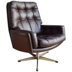 Mid-Century Retro Danish Brown Leather Swivel Lounge Armchair, 1960s-1970s