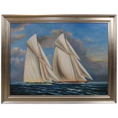 Vintage Oil on Canvas of Two Gaff Rigged Yachts in Race