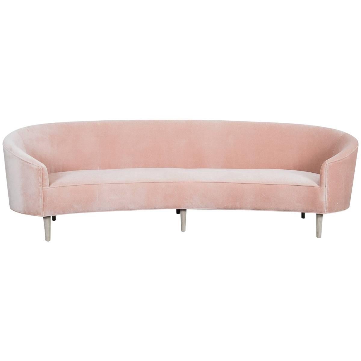 Art Deco Style Crescent Sofa w/ Throw Pillows & Walnut Legs in Rosewater Velvet