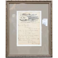 Authentic Framed Invoice from Bliss Brothers, circa 1899