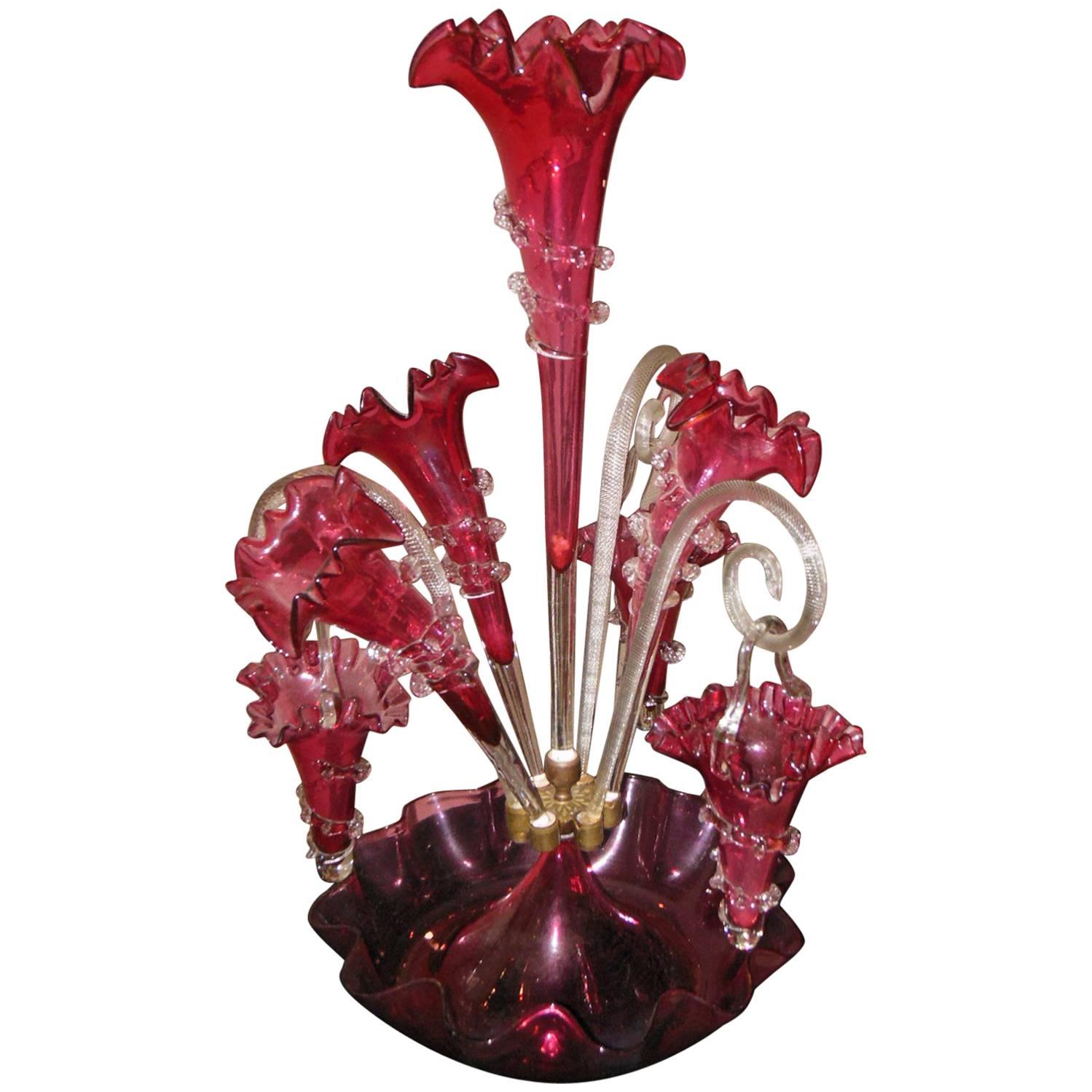 Victorian Cranberry Glass Epergne For Sale