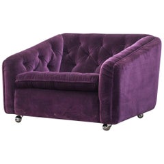 Retro Artifort Purple Velvet Tufted Rolling Lounge Chair
