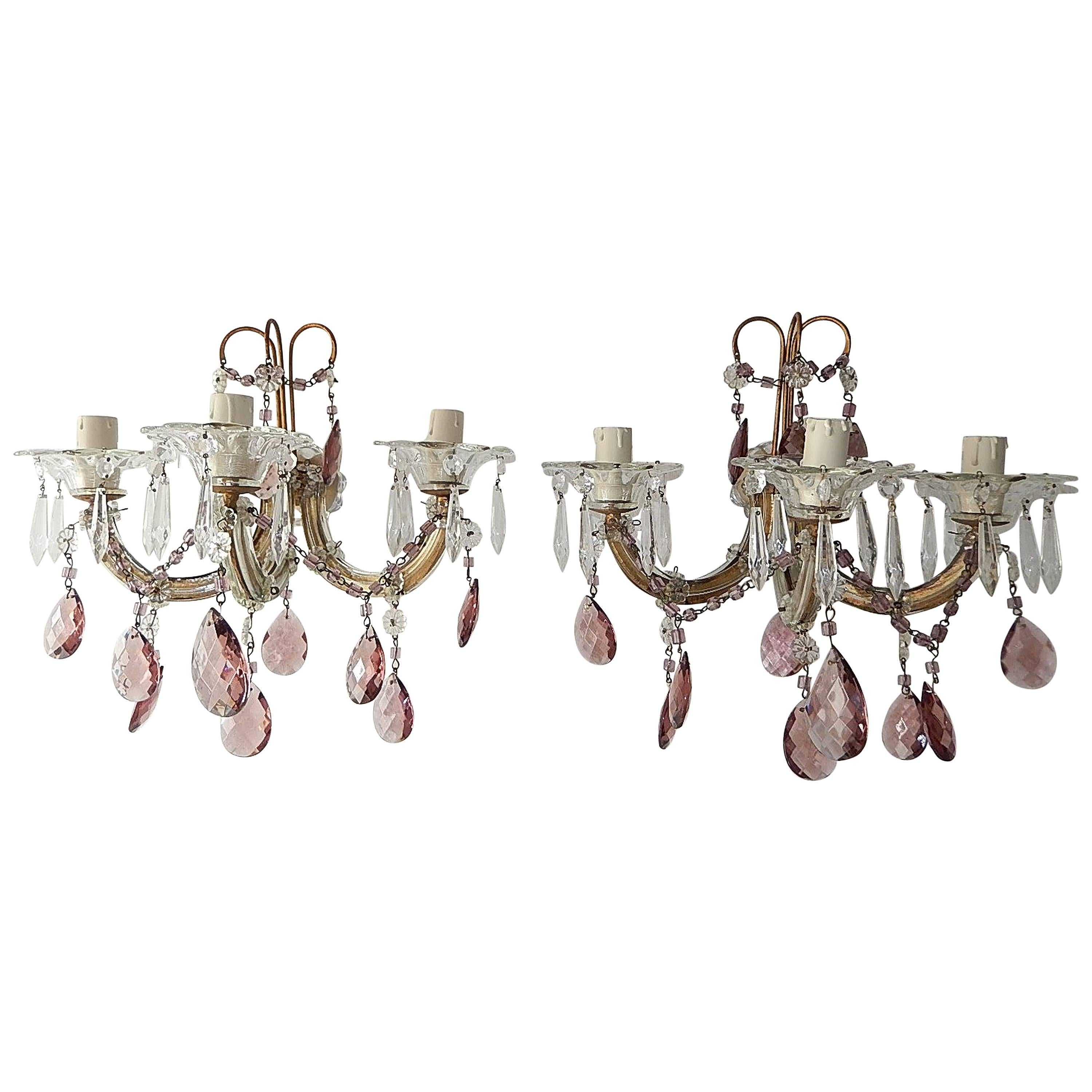 1920 French Purple Crystal Prisms and Swags Sconces