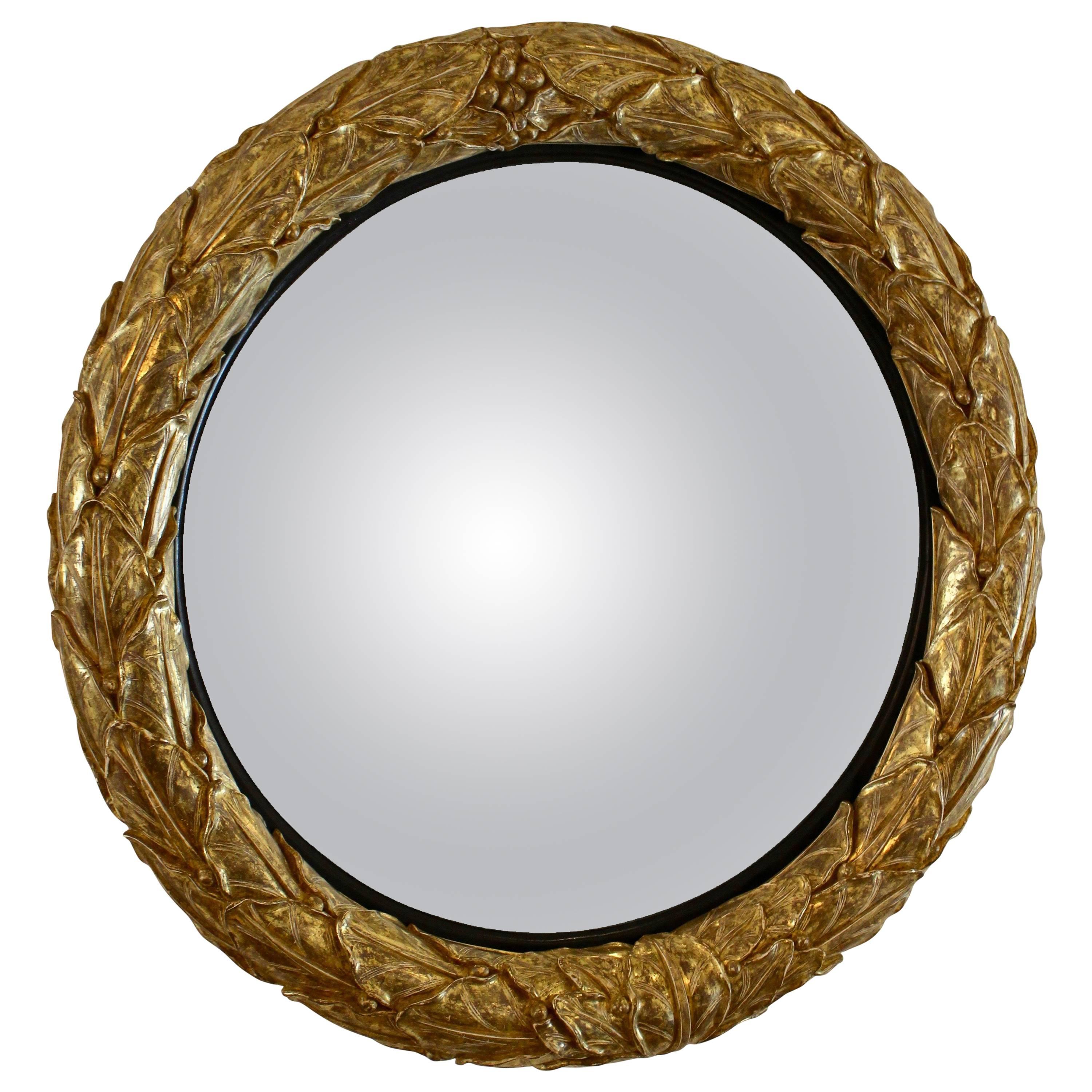Impressive Regency Giltwood Convex Mirror with a Leaf Motif, Gilded For Sale