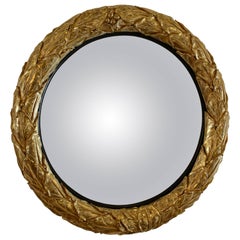 Impressive Regency Giltwood Convex Mirror with a Leaf Motif, Gilded