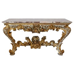 Table console vénitienne des années 1720 en bois doré de la période rococo précoce avec plateau en marbre rouge