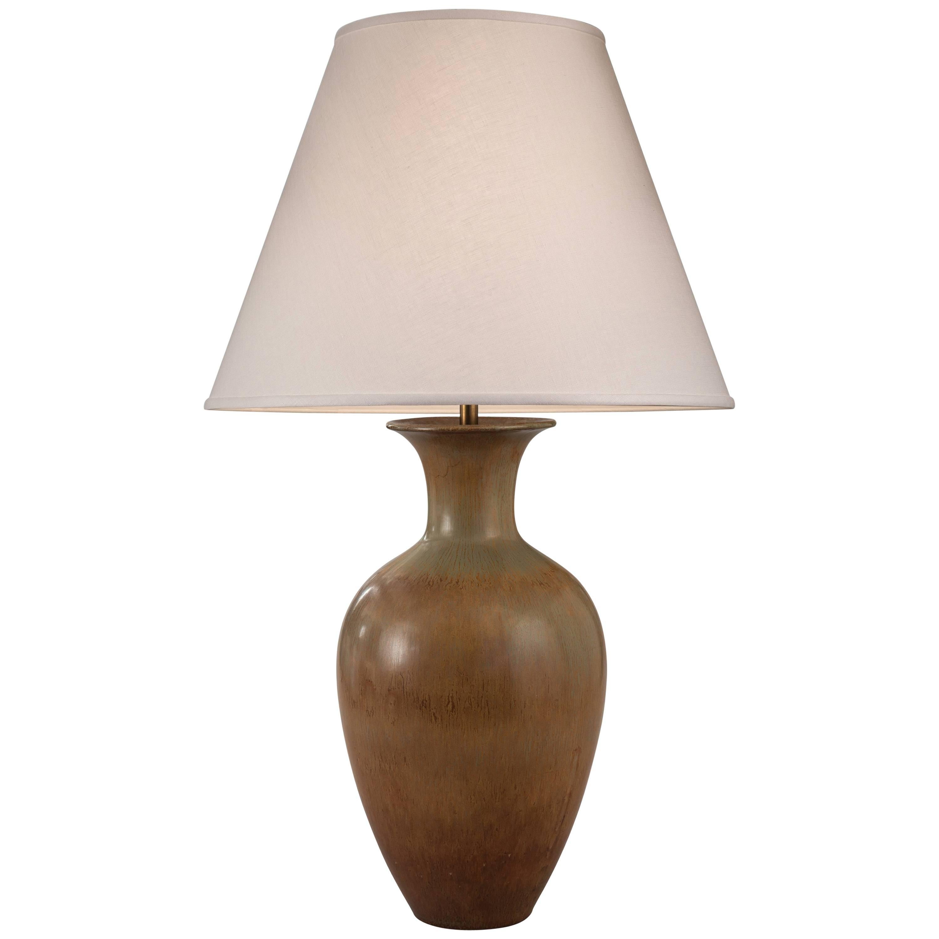 Gunnar Nylund for Rörstrand, Swedish Soft-Green and Brown Ceramic Vase Lamp For Sale