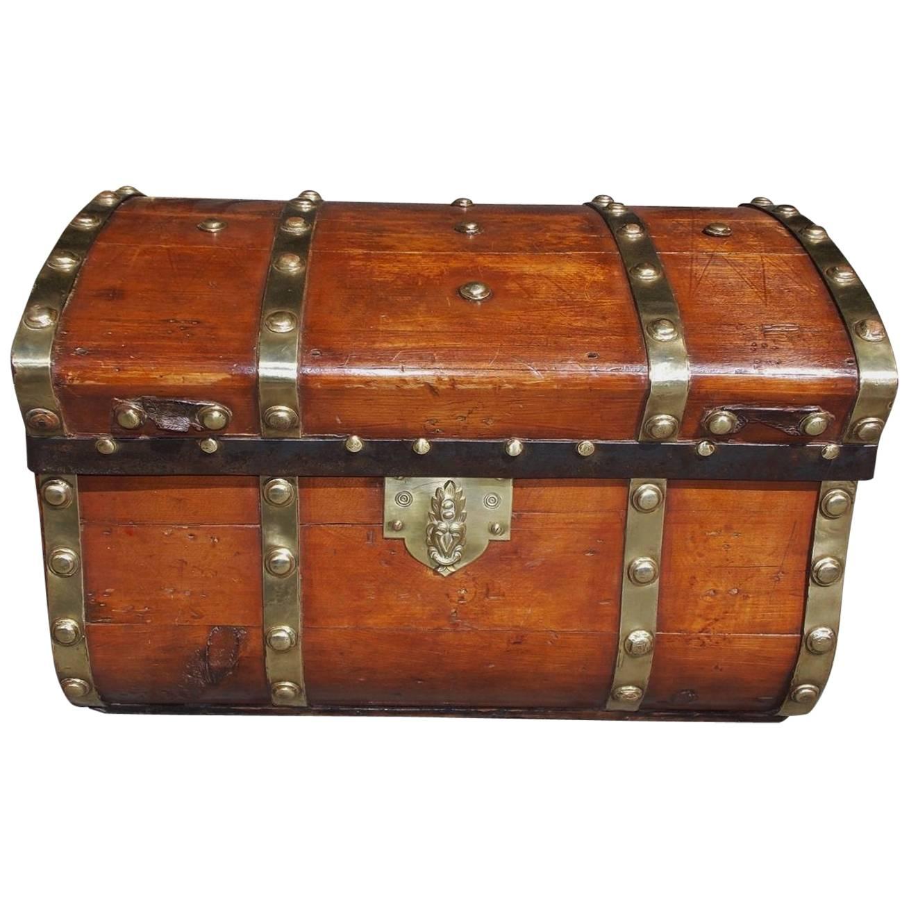 American White Pine Brass and Leather Mounted Traveling Trunk, Circa 1800