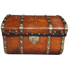 American White Pine Brass and Leather Mounted Traveling Trunk, Circa 1800