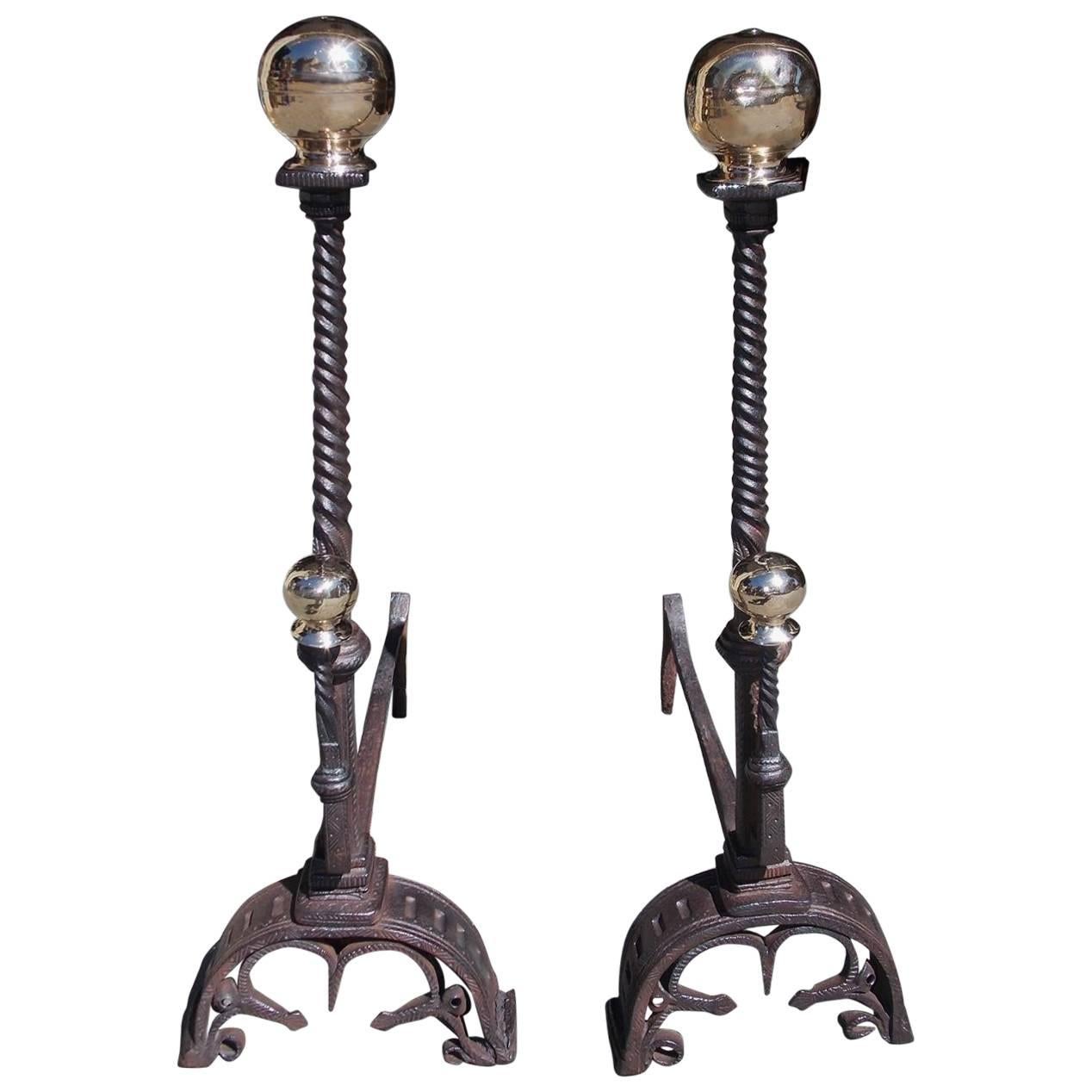 Pair of English Wrought Iron and Brass Ball Top Andirons, Circa 1780