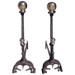 Antique Pair of English Wrought Iron and Brass Ball Top Andirons, Circa 1780