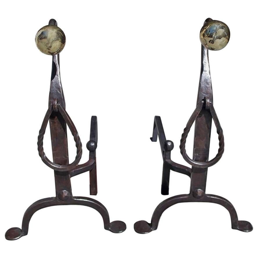 American Wrought Iron and Brass Ball Top Goose Neck Andirons, Circa 1830 For Sale