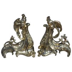 Pair of French Brass Parrot and Scrolled Foilage Chenets, Circa 1810