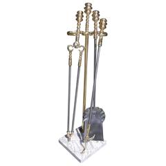 American Brass and Polished Steel Fire Tools on Marble Stand, Circa 1830