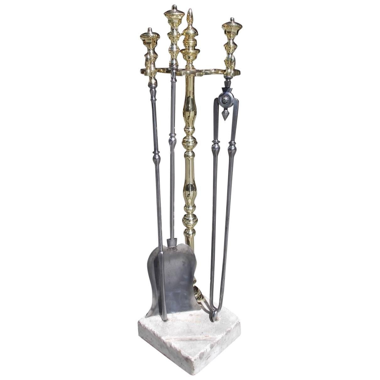 American Brass and Polished Steel Fire Tools on Marble Stand, Circa 1830 For Sale