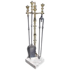 Antique American Brass and Polished Steel Fire Tools on Marble Stand, Circa 1830
