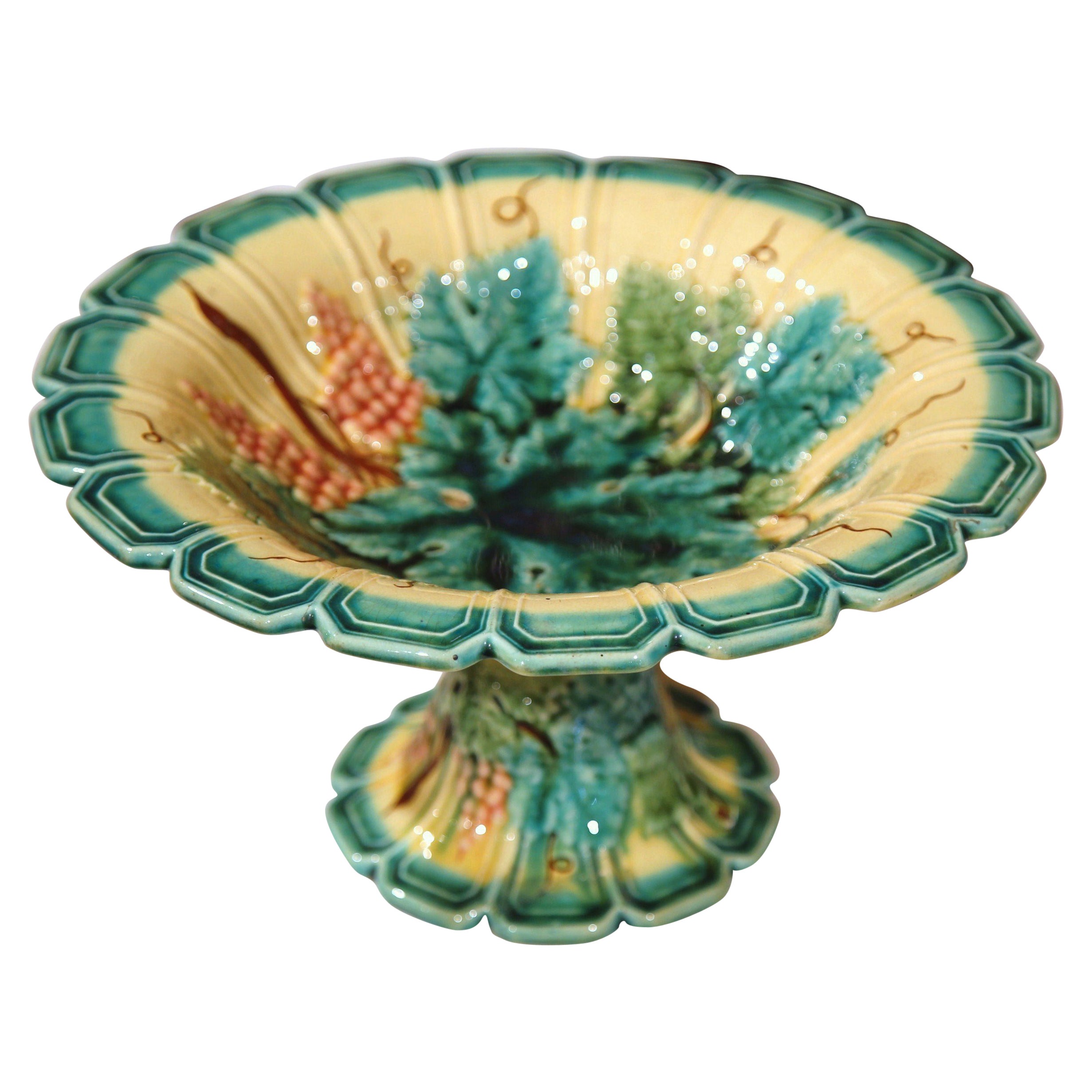 19Th Century, French Hand Painted Barbotine Fruit Bowl With Grapes And 19Th Century, French Hand Painted Barbotine Fruit Bowl With Grapes And