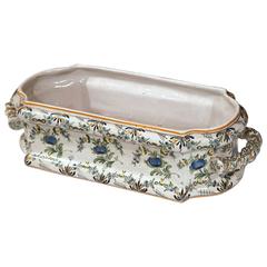 19th Century French Hand-Painted Faience Jardinière with Floral Motifs