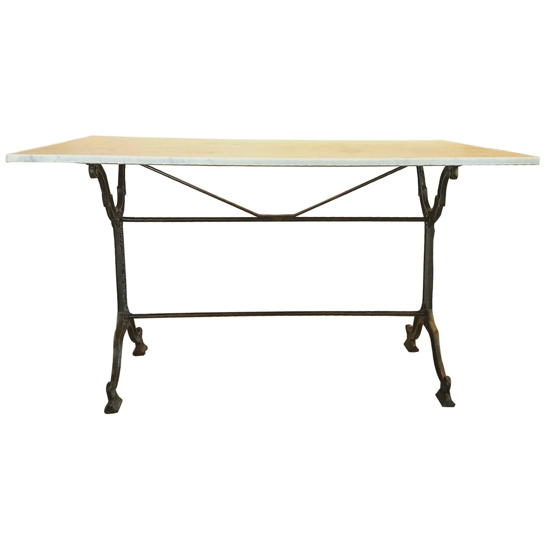 20th Century Double Stretcher Cast Iron French Bistro Table with Marble Top
