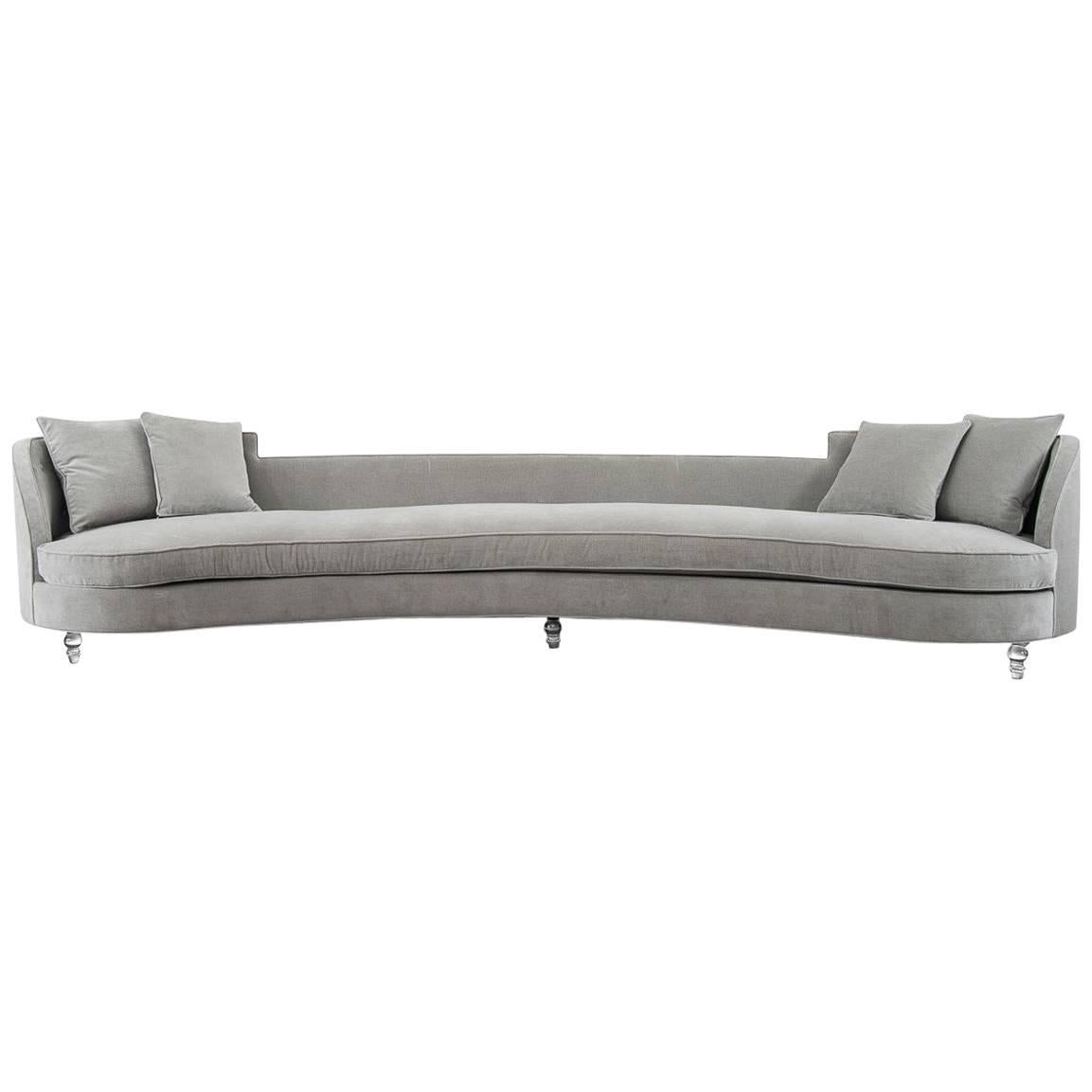 Mid-Century Style Extra Long Sofa in Grey Velvet w/ Lucite Legs & Throw Pillows