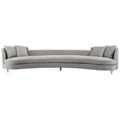 Mid-Century Style Extra Long Sofa in Grey Velvet w/ Lucite Legs & Throw Pillows