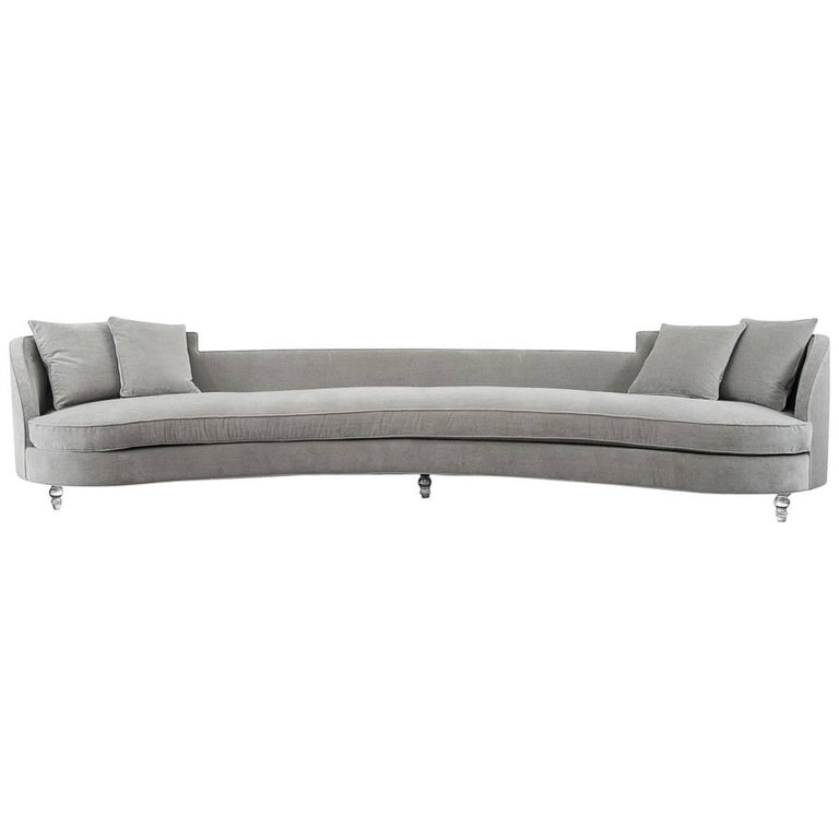 Mid-Century Style Extra Long Sofa in Grey Velvet w/ Lucite Legs and Throw  Pillows For Sale at 1stDibs