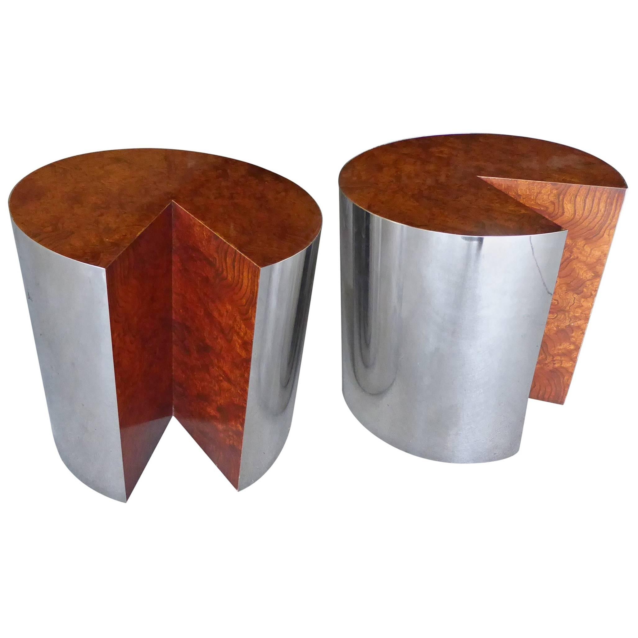 Pair of Burled Wood and Polished Steel Circular Side Tables by Pace Collection