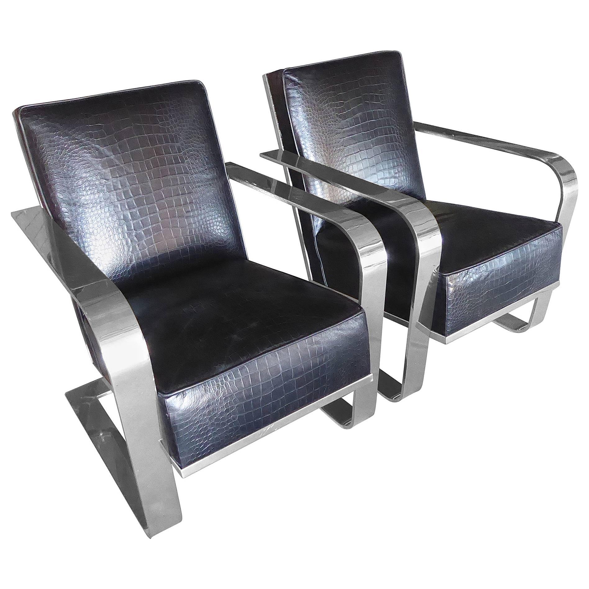 Pair of Art Deco Inspired Nickeled Steel and Leather Lounge Chairs, Ralph Lauren For Sale