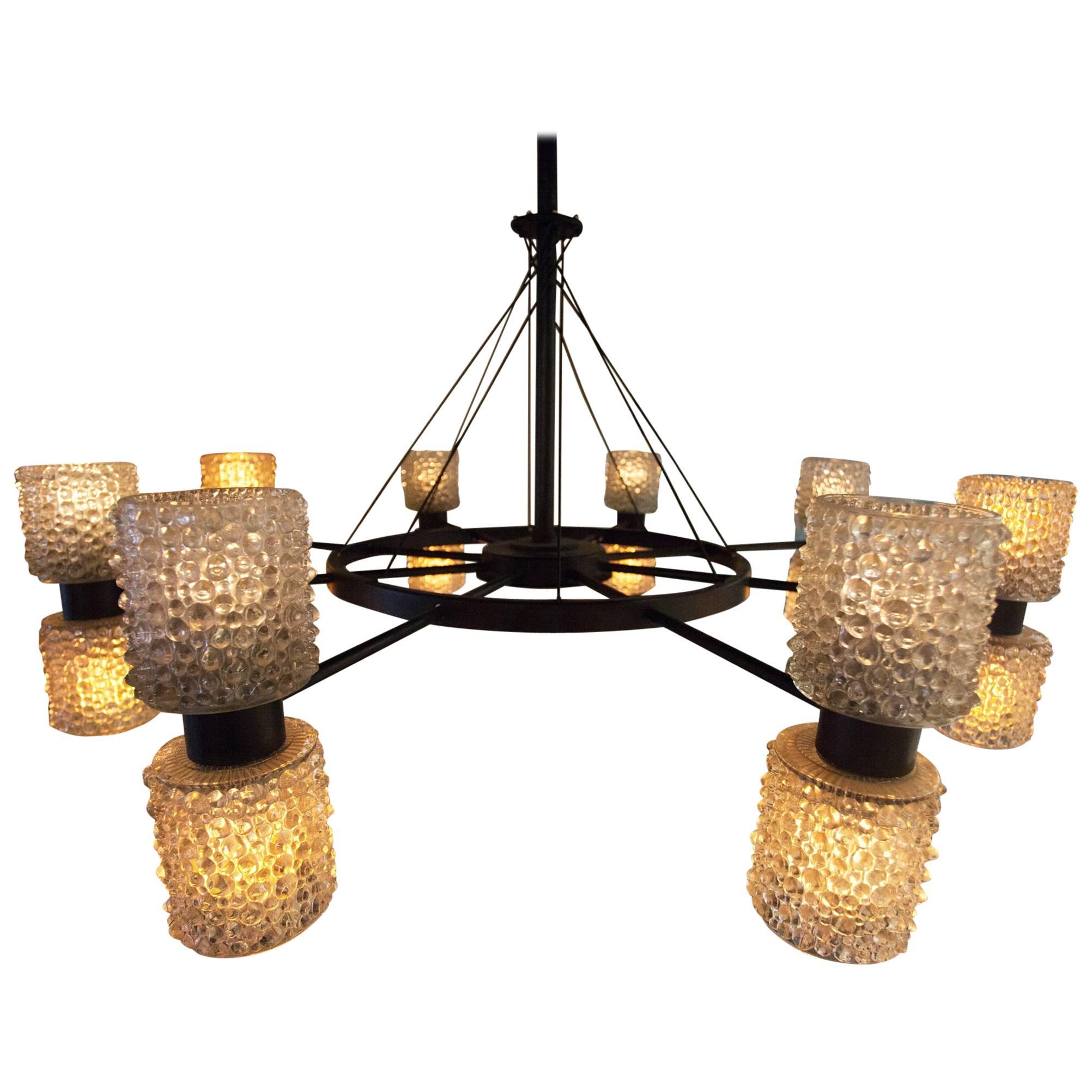Round Metal Chandelier with Glass Shades For Sale