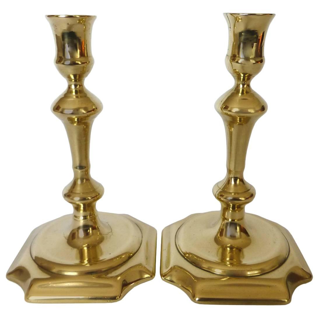 Pair of English Brass Queen Anne Candlesticks, circa 1740 For Sale