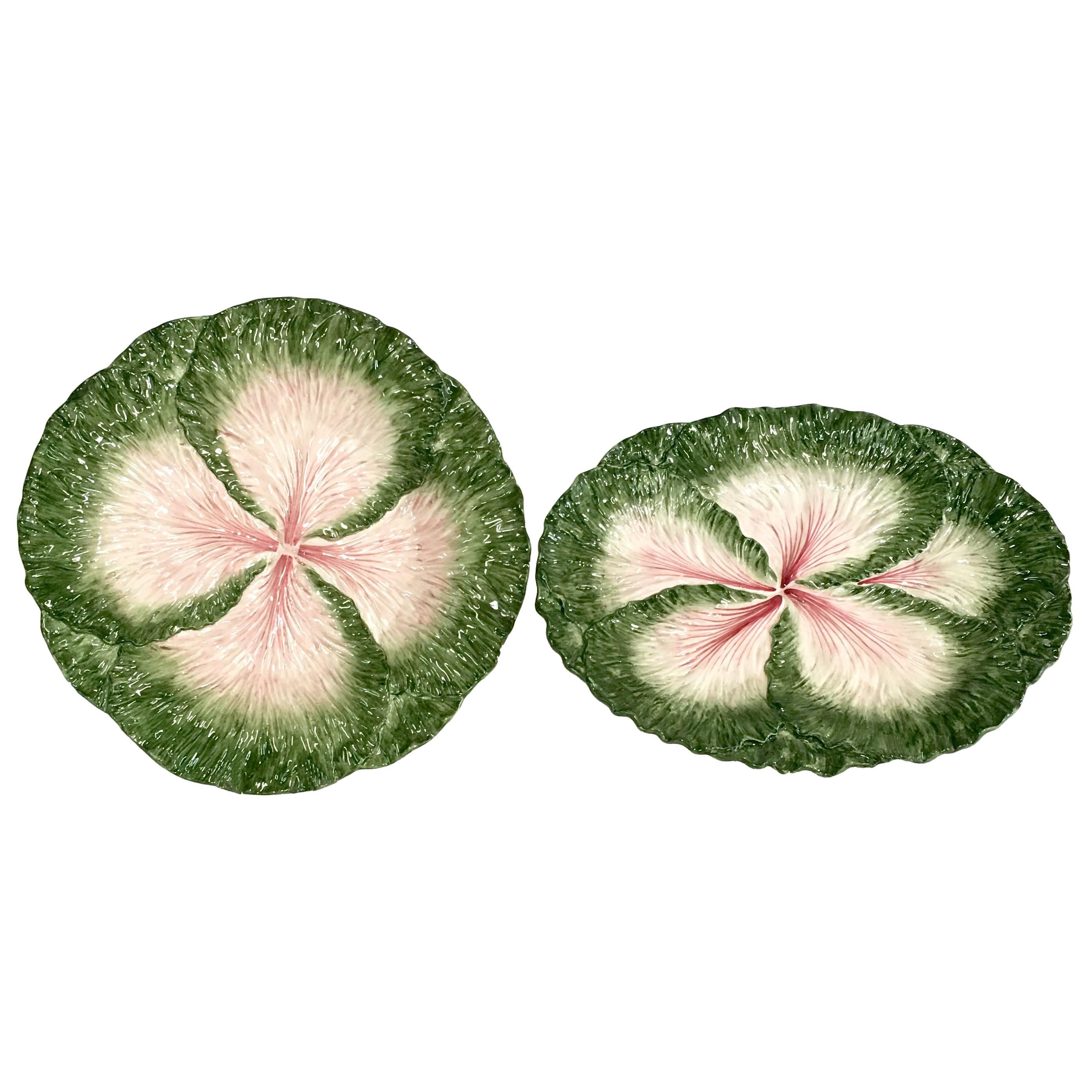 Vintage Fitz & Floyd Majolica Style "Cabbage Leaf" Serving Platter, Pair