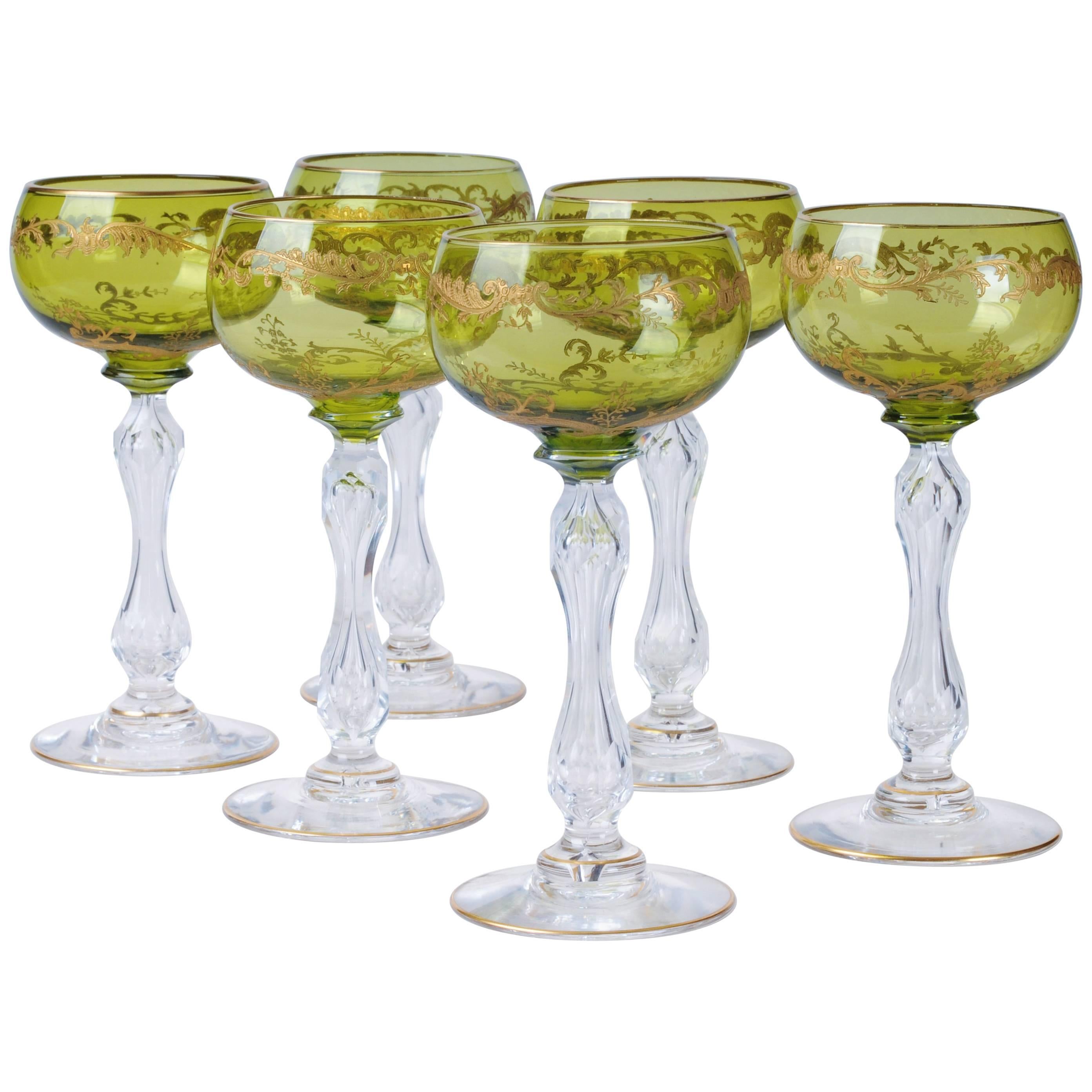 Six Saint Louis Crystal Beethoven Chartreuse Gold Encrusted Wine Hocks For Sale