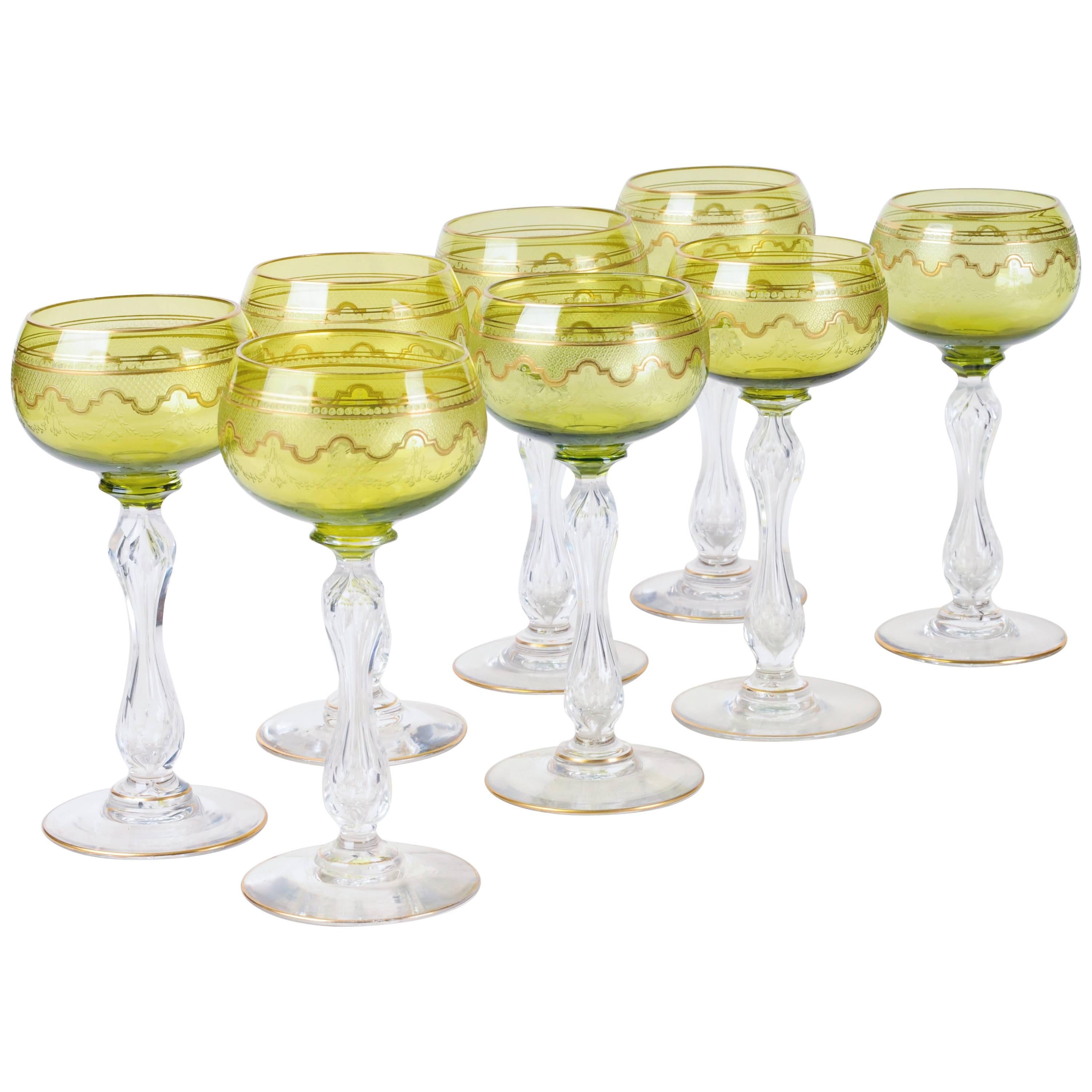 Eight Saint Louis Crystal Beethoven Chartreuse Gold Encrusted Wine Hocks For Sale
