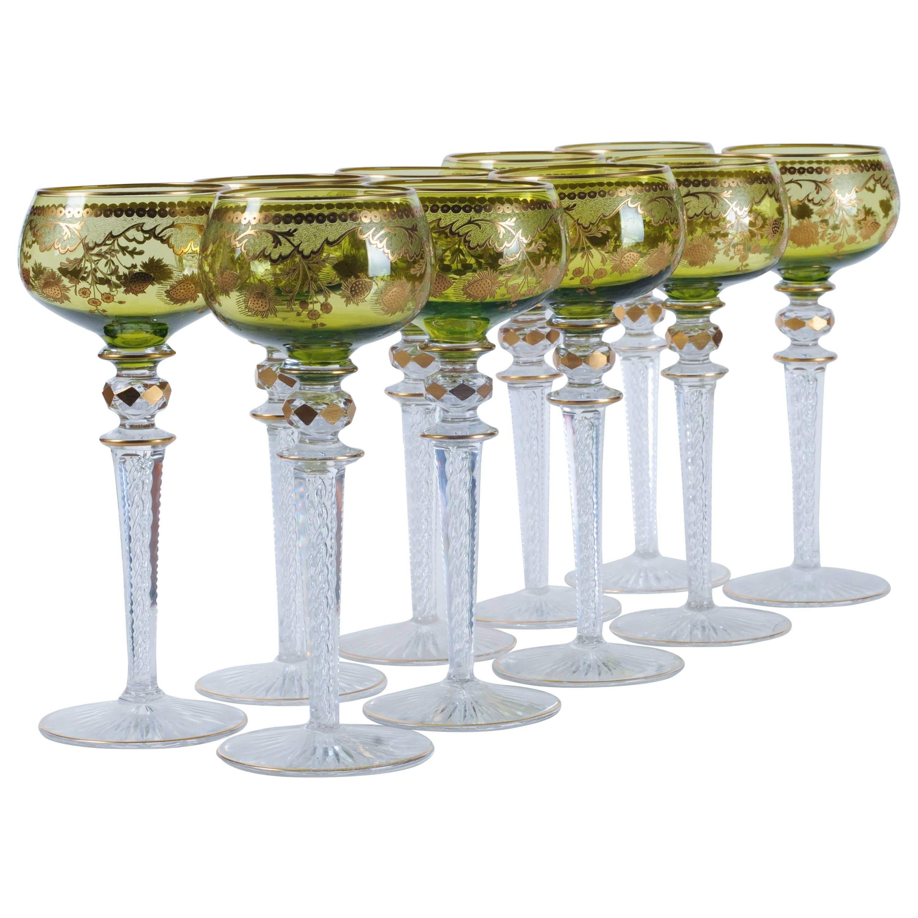 Ten Beethoven Green Saint Louis Etched Crystal Glass Wine Hocks Goblets
