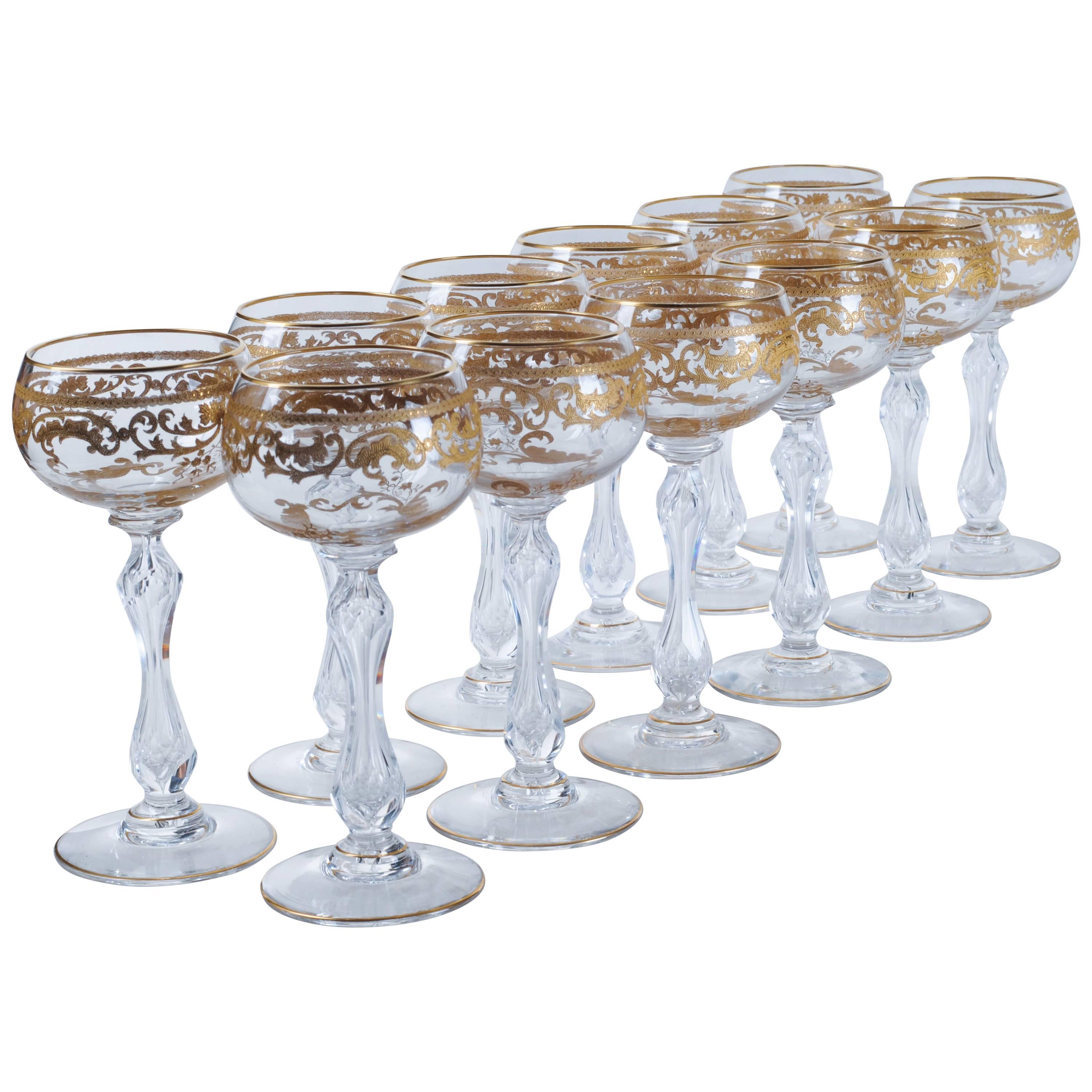 Set of 12 Saint Louis Clear Crystal Gold and Crusted Wine Hocks For Sale