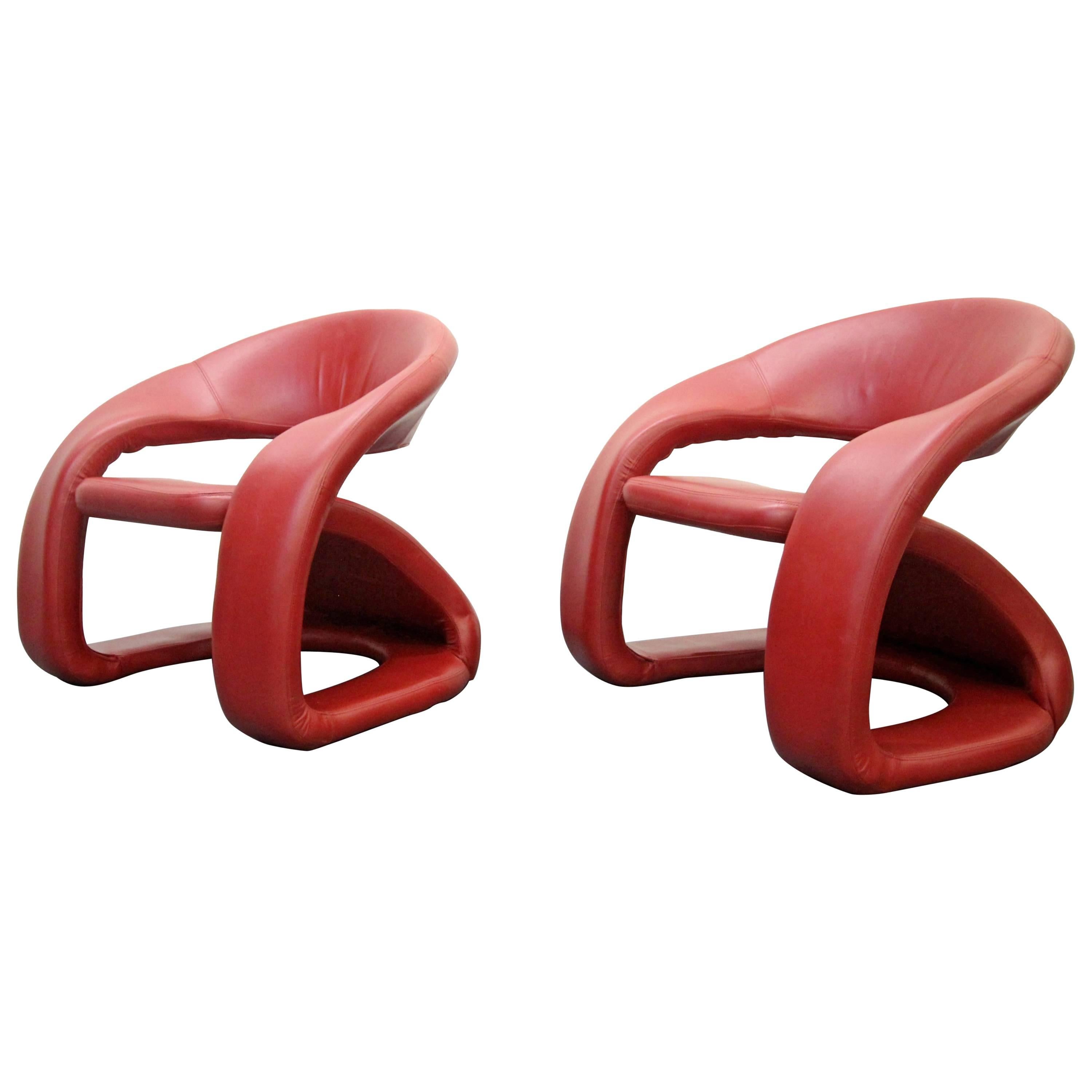 Memphis Milano Pop Art Style Modern Red Leather Cantilevered Lounge Chairs