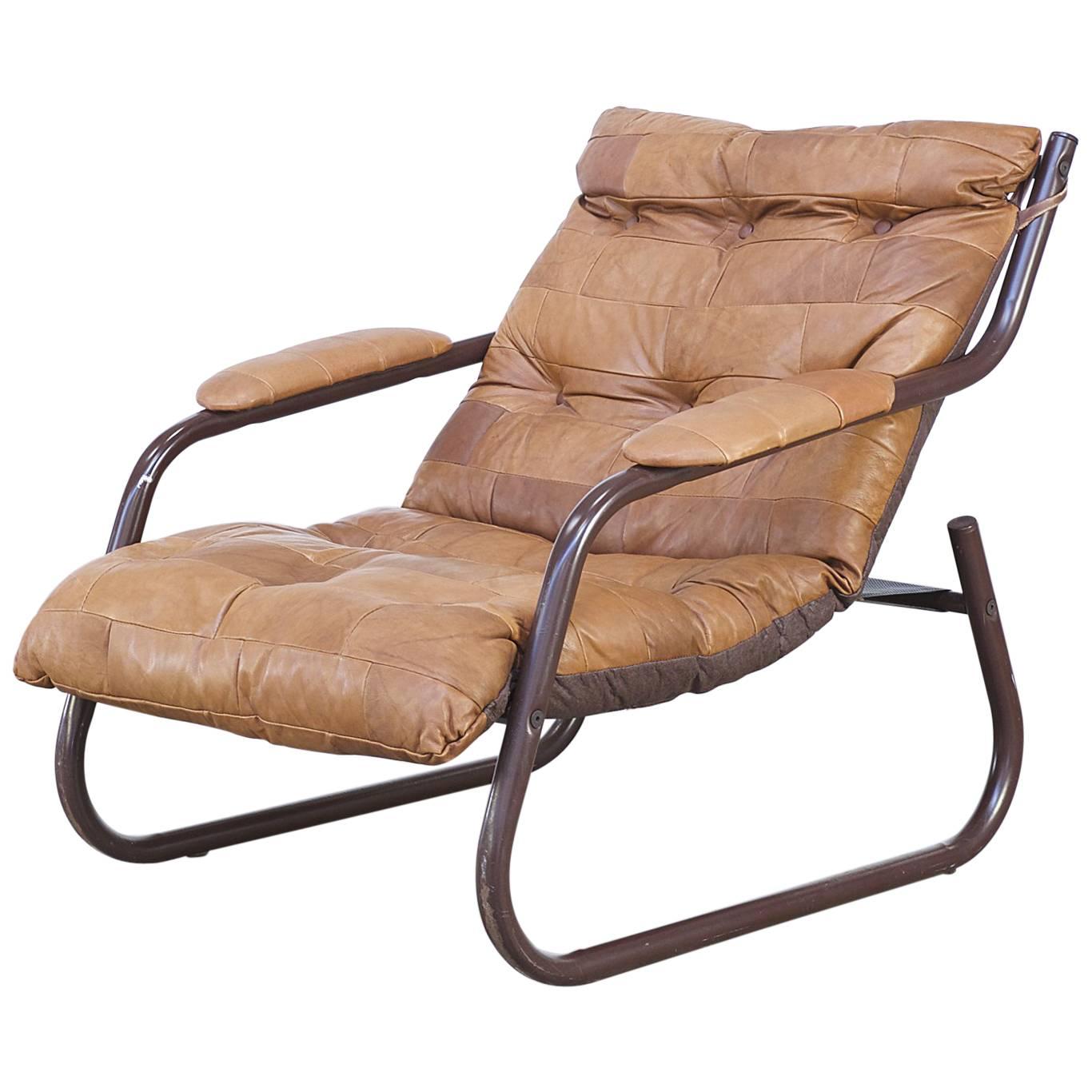 1970s Lounge Chair Cognac Leather Patchwork Fauteuil For Sale