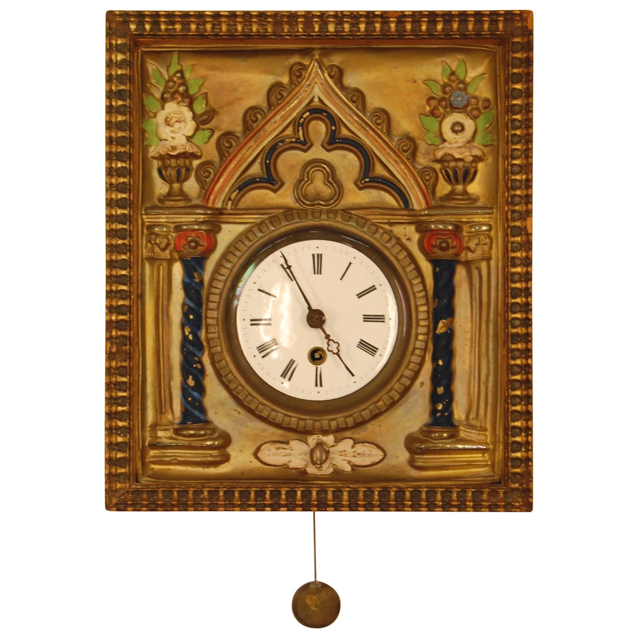 Brass Repousse and Enamel Wag-on-Wall Clock with Enameled Dial For Sale