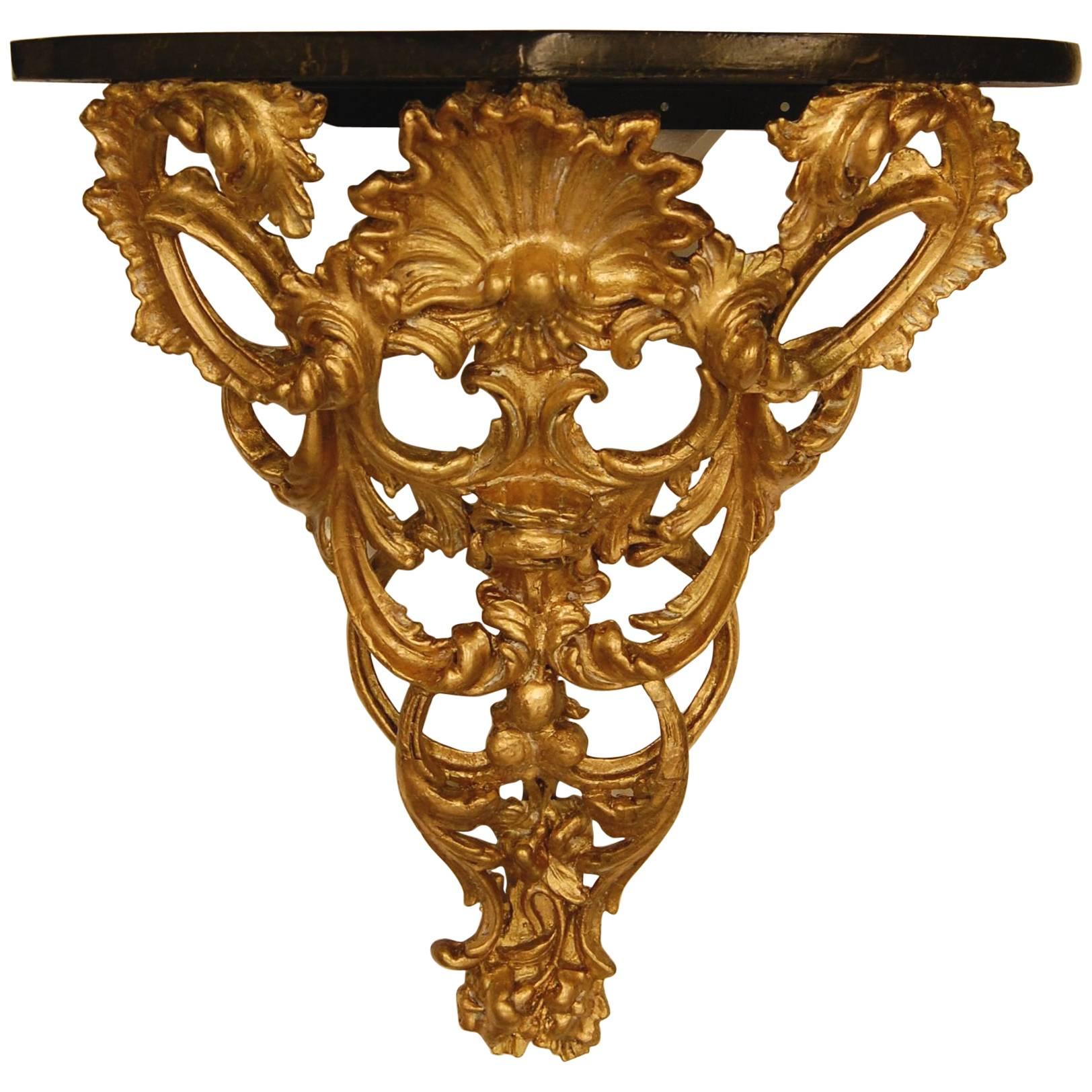 American Victorian Gilt Carved Wood Wall Console with Faux Marble Top, 1859 For Sale