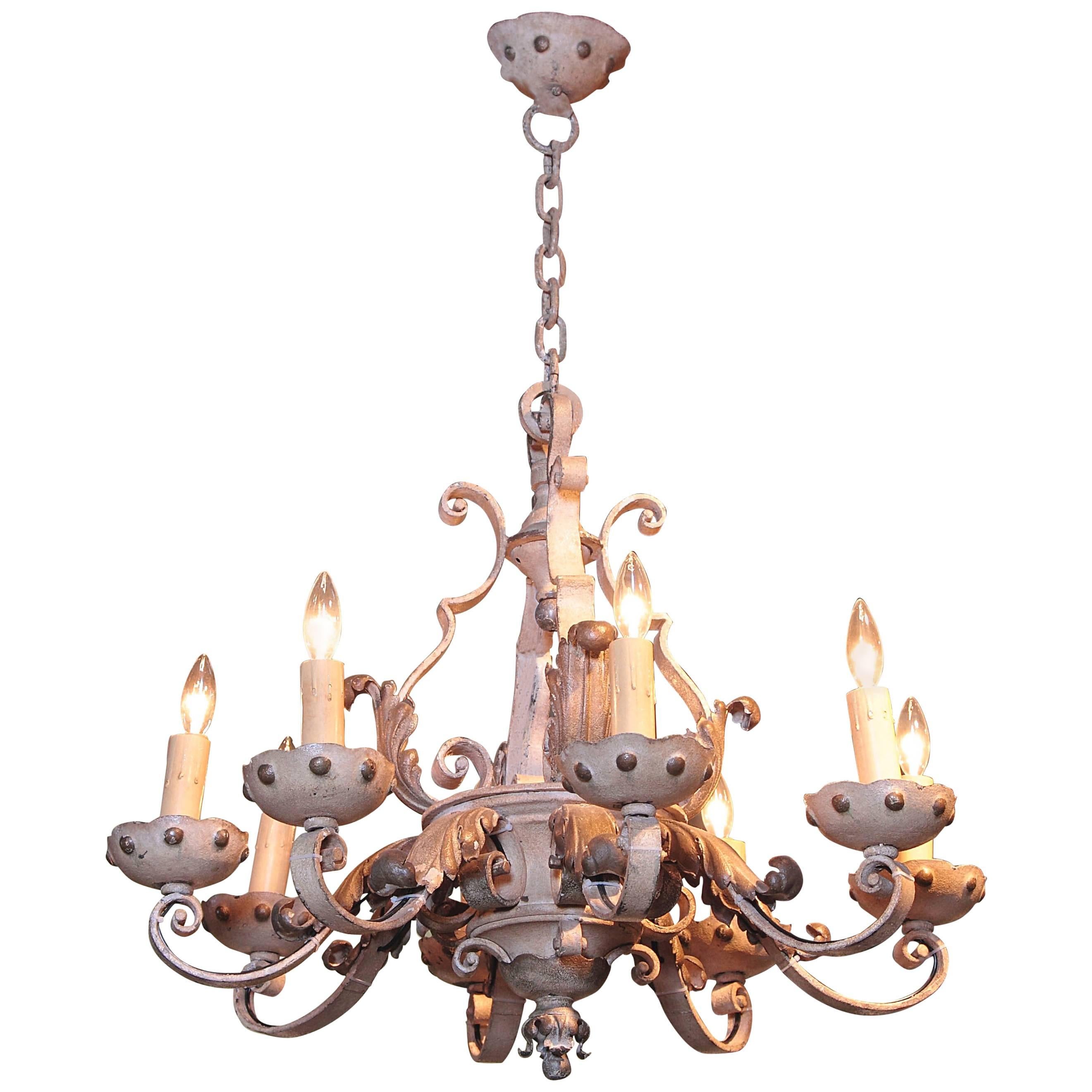 Late 19th Century French Painted and Gilt Eight-Light Wrought Iron Chandelier