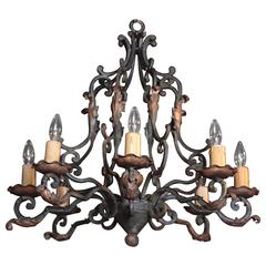 Early 20th Century French Eight-Light Round Chandelier with Verdigris Finish