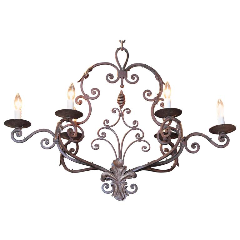 Early 20th Century French Six Light Verdigris Iron Chandelier With Early 20th Century French Six Light Verdigris Iron Chandelier With Fleur De Lys